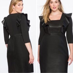 Eloquii Black Faux Leather 3/4 Sleeve Ruffle Dress